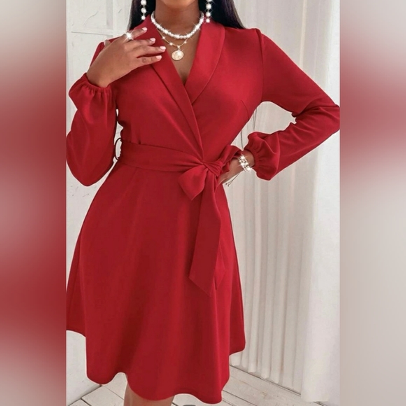 Shawl neck solid belted dress - Picture 1 of 1